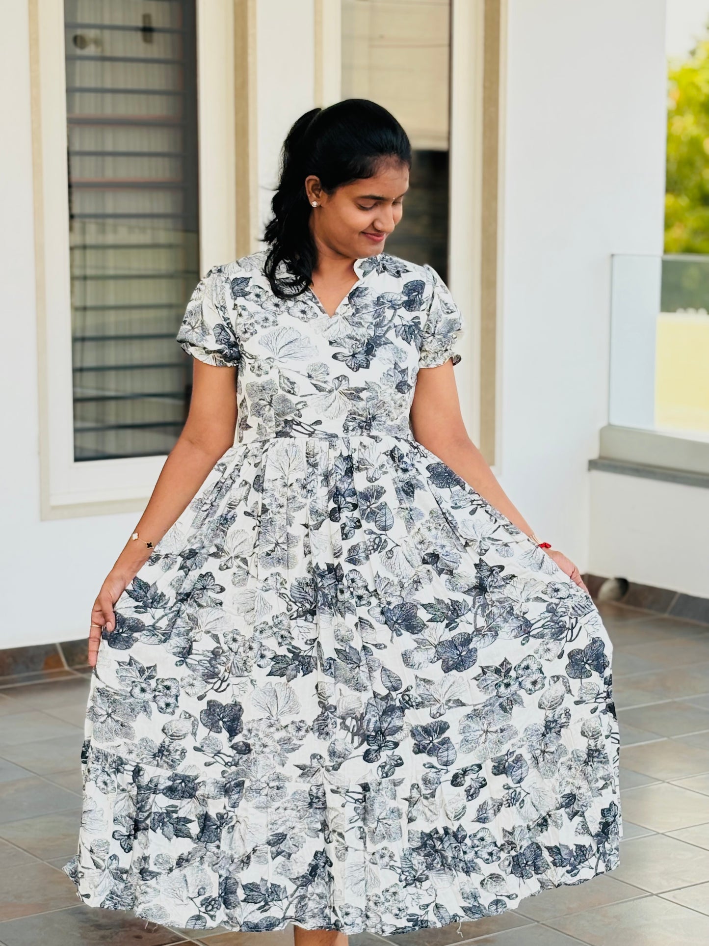 LA281~White with navy blue floral maxi