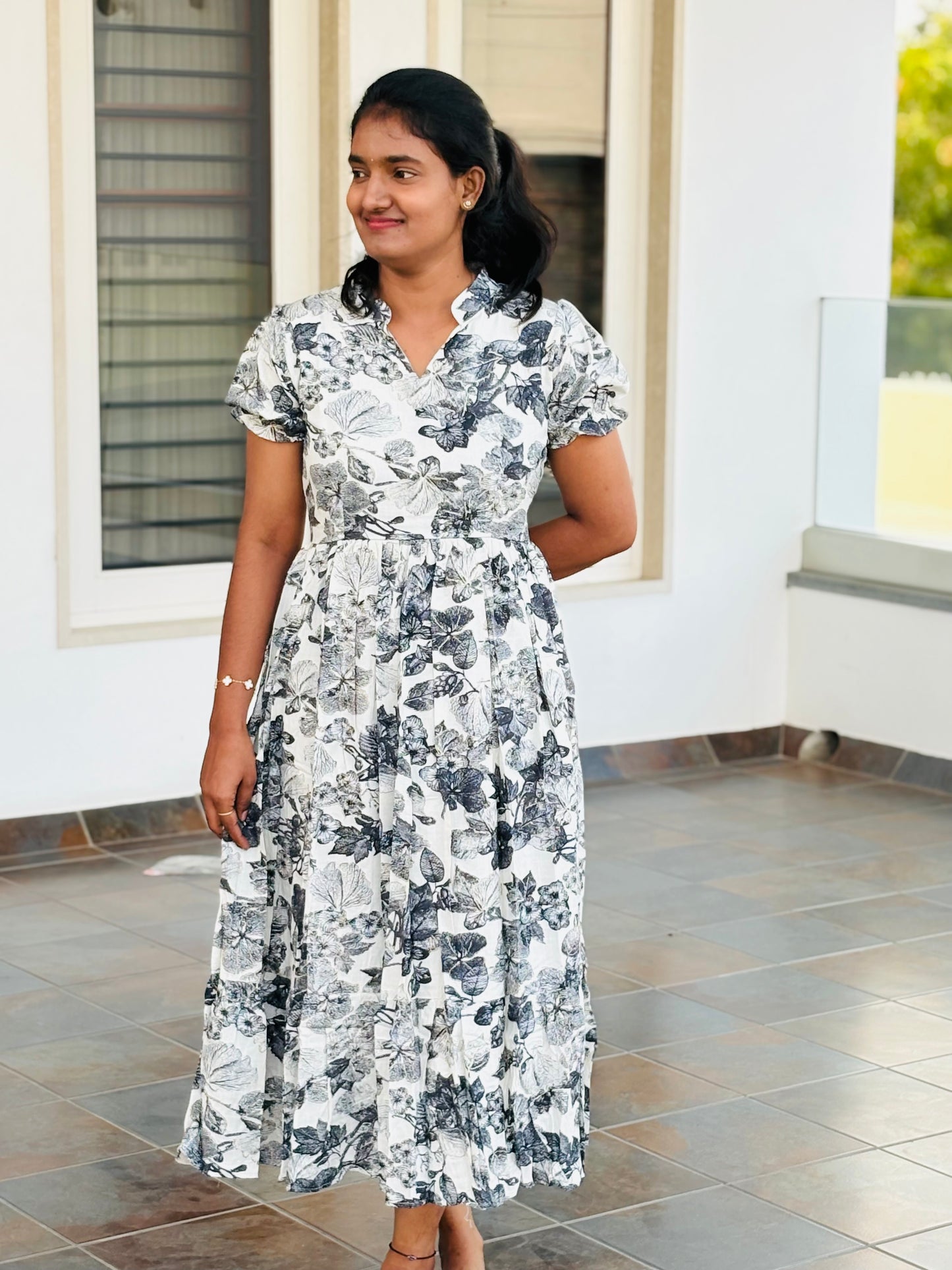 LA281~White with navy blue floral maxi