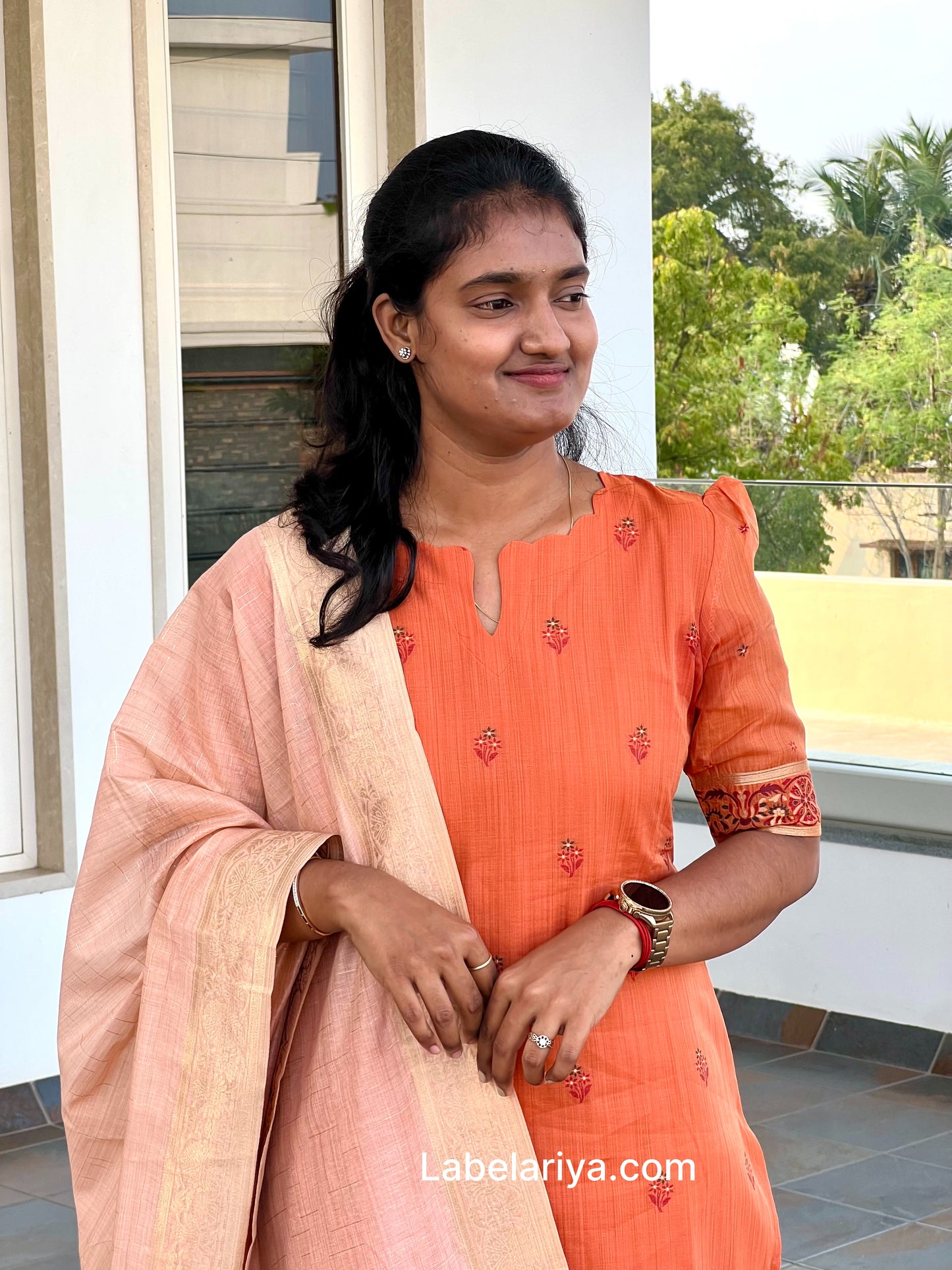 LA307~Rustic orange Jacquard Silk kurti+Duppatta