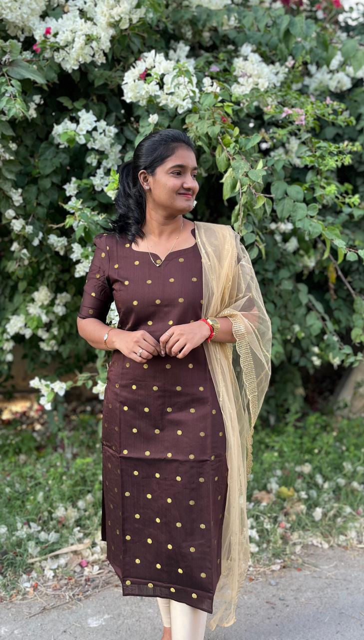 LA178~ Brown Raw Silk Kurti + Shawl
